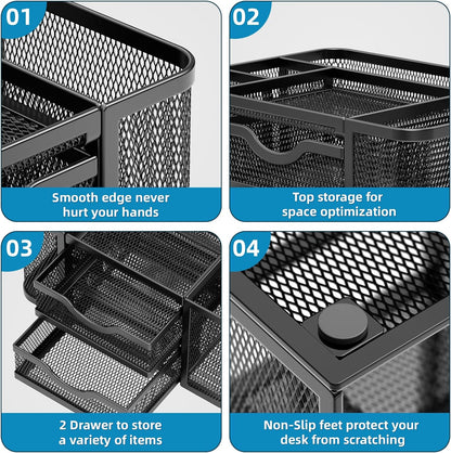 Marbrasse Mesh Desk Organizer, Pen Organizer with 2 Drawer, Multi-Functional Pencil Holder, Desk Organizers and Accessories with 5 Compartments + Drawer for Office Art Supplies (Black)