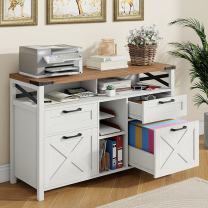 Farmhouse Filing Cabinet with Adjustable Shelf for Home Office, Lateral File Cabinets 4 Drawers with Open Storage Shelf, Filing Organization Storage Cabinets for Hanging Files Letter/A4.