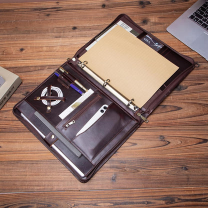 Genuine Leather Portfolio 3 Ring Binder with Clipboard, Hidden Handle, 8.5 x 11 Zippered Padfolio, Business Organizer Professional Executive Folio for Men and Women, Dark Brown, Oil Tanned