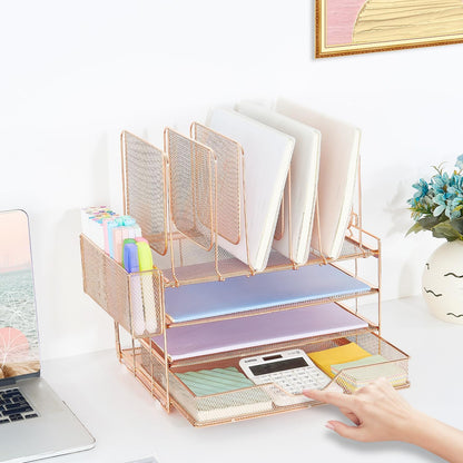 Desk Organizer with 5 Vertical File Holders, 3-Tier Paper Organizer and Drawer, Desk Accessories in Rose Gold