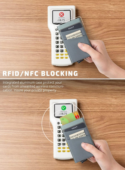 VULKIT Card Holder with Money Pocket Pop Up Wallet RFID Blocking Slim Metal Bank Card Case Holds 5 Cards and Notes