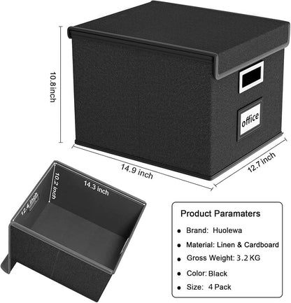 Huolewa New Portable File Organizer Boxes Set of 4, Collapsible Linen Hanging Filing Storage Boxes with Plastic Slide, Decorative Home/Office Filing System for File and Folders Storage (Black)