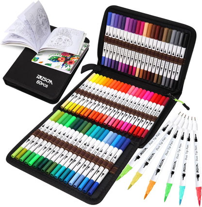 ZSCM Art Duo Tip Brush Markers Set, 60 Colors Fine Brush Tip Artist Drawing Pens Set with Coloring Book, for Adult Sketching Journal Planner School Supplies Gifts