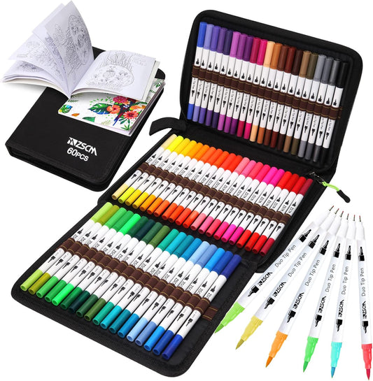 ZSCM Art Duo Tip Brush Markers Set, 60 Colors Fine Brush Tip Artist Drawing Pens Set with Coloring Book, for Adult Sketching Journal Planner School Supplies Gifts