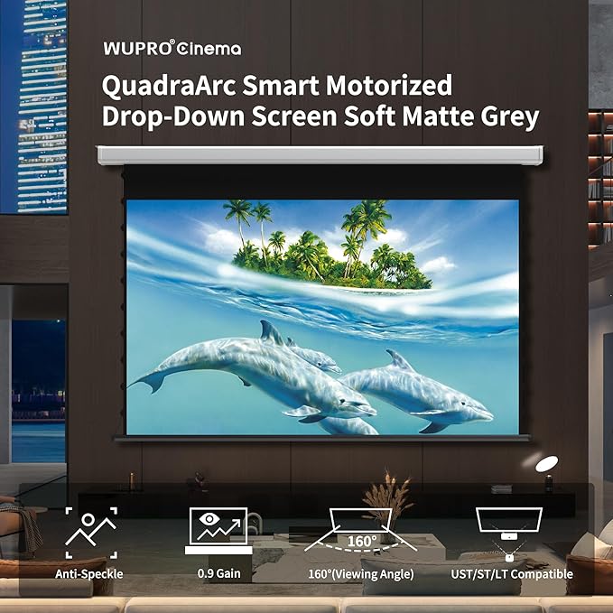 QuadraArc Motorized Drop Down Projector Screen 16:9 Gray Fabric, Wall & Ceiling Mount, Electric Pull Down Screen with Remote Control, Compatible with All Projectors 120"