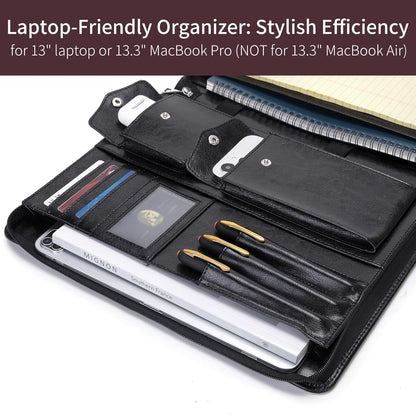 Vegan Leather Portfolio with Hidden Handle, Zippered Front Pocket, Business Padfolio for Men and Women, 8.5 x 11 Legal Pad Notebook Holder, Office Letter Notepad Folio, Black