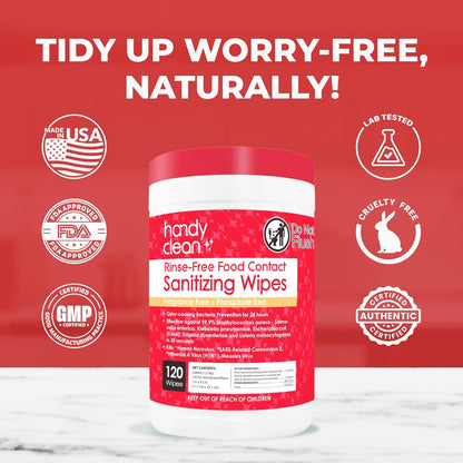 HandyClean Rinse-Free Food Contact Sanitizing Wipes Canister, Multi Surface Cleaning Supplies for Kitchen and Professional Setting One Canister (120 Wipes)