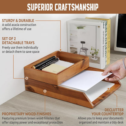 Demigo Desk Organizer Letter Tray Set of 2, Acacia Wood Tabletop Desktop for Storage Paper Letter Folders Notebooks Copy Print, Workspace Holder, Keep Stationery Saver (Brown)