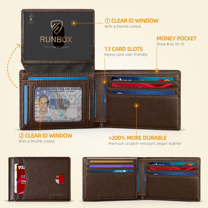 RUNBOX Wallet for Men Slim Rfid Leather 2 ID Window With Gift Box