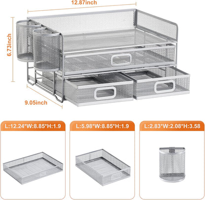 Marbrasse 3 Tier Mesh Desk Organizer with Drawer, Multi-Functional Desk Organizers and Accessories, Paper Letter Organizer with 2 Pen Holder for Home Office Supplies (Silver)