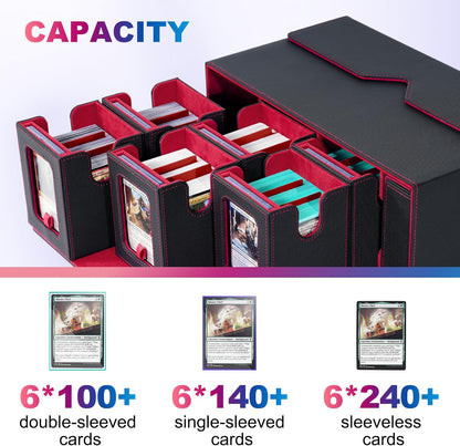 Commander Deck Box for MTG, 6-Deck Modular Card Case with Dice Tray Holds 600+ Double-sleeved Cards, Removable Trading Cards Storage Box with 35PT Magnetic Card Holders for TCG, Black Red