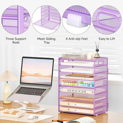 SUBEKYU 9 Tier Paper Letter Tray Desk Organizer with Handles - Purple Metal Mesh File Holder Paper Sorter Desk Organizer for Office Home School, Include 6 Pcs Adjustable Slid Tray, 6 Colors Available