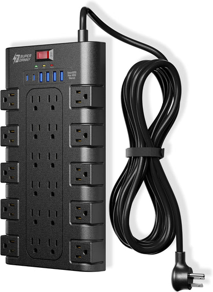Surge Protector Power Strip, SUPERDANNY Charging Station 22 Outlets with 45W Type-C Fast Charging USB Ports, 4 USB-A, 2 USB-C, 2100J, 15A/1875W, 6.5Ft Flat Plug Extension Cord for Home Streaming Black