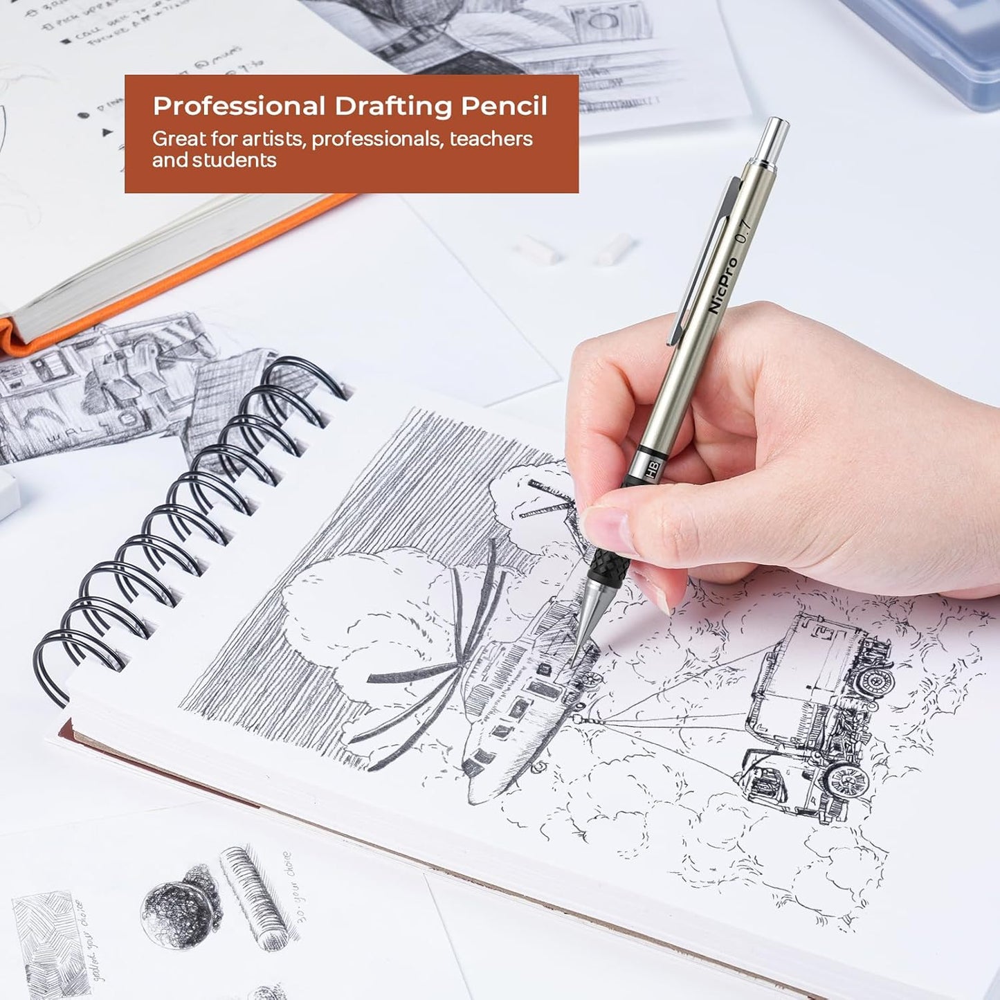 Nicpro 0.7 mm Art Mechanical Pencils Set, 6 PCS Metal Drafting Pencil 0.7mm Tube HB Lead Refills & 18 Cap Eraser for Adults, Children, Artist Writing, Drawing, Sketching, Black, 1 Count (Pack of 6)