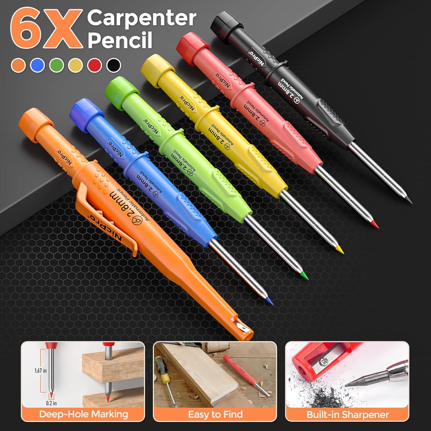 Nicpro 6 Pack CP3000 Carpenter Pencil with Sharpener, Mechanical Pencils Set with 78 Refill, Heavy Duty Construction Pencil, Carpenter Tools for Architect Marking (Red,Black,Yellow,Orange,Green,Blue)