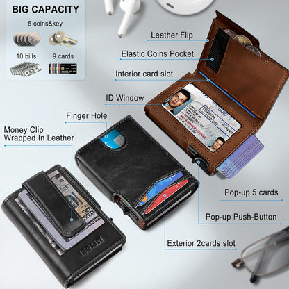 Men Wallet,with Money Clip Coins Pocket ID Window,Slim Front Pocket RFID Blocking Pop-up Card Holder 3.9"x 2.7", Gift Boxed