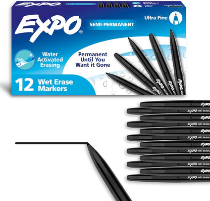 EXPO Visa Vis Wet Erase Markers Fine Point Black 12-Pack Ideal for Classroom and Homeschool Use