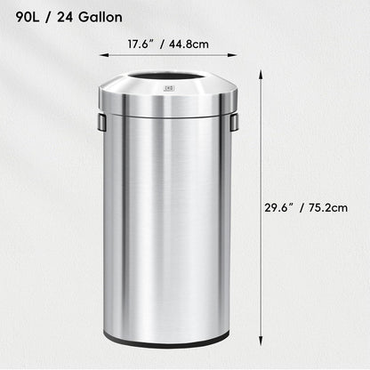 EKO Urban 24 Gallon Round Stainless Steel Open Top Waste Bin, Tall Commercial Trash Can for Indoor/Outdoor, Extra Large Metal Garbage Bin for Office, Restaurant, Restroom, 90L