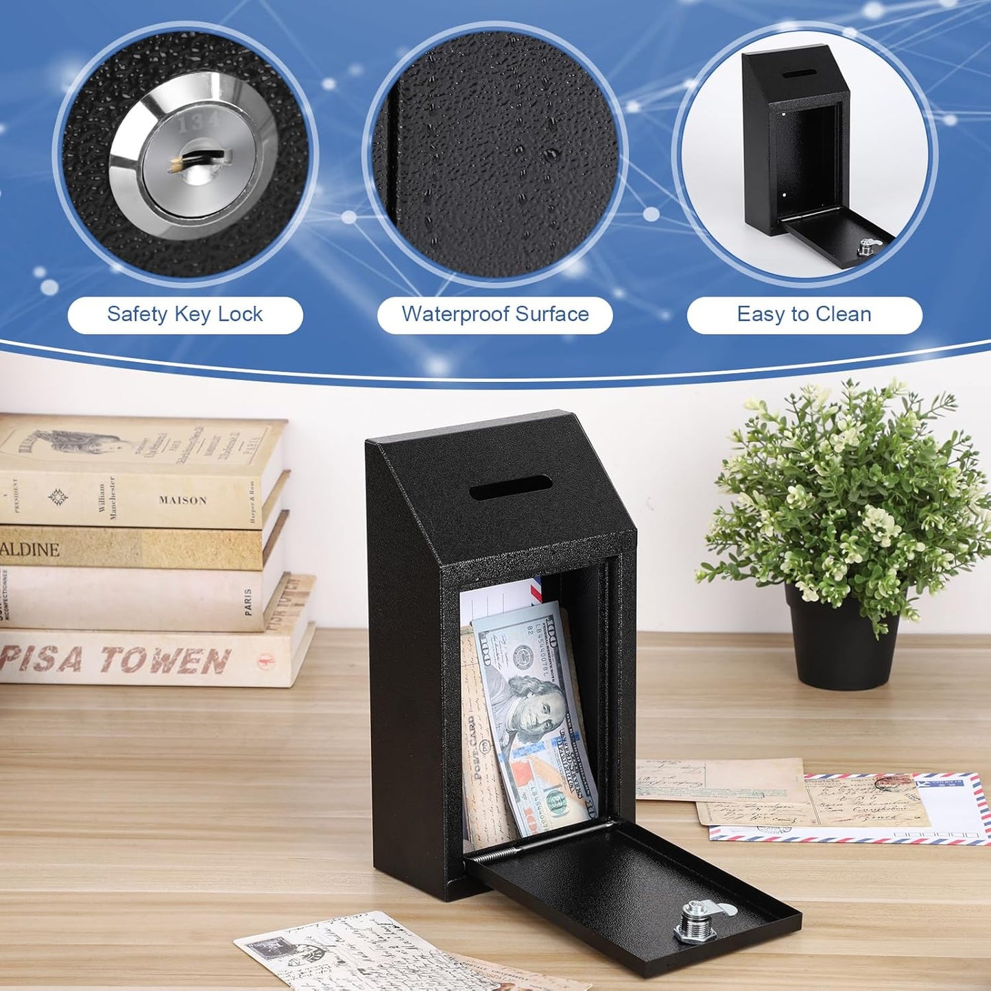 KYODOLED Money Cash Drop Box Wall Mount with Key, Metal Donation and Suggestion Box with Slot and Lock for Home, Farm or Office, Black, 10.24 x 5.7 x 2.95 Inch