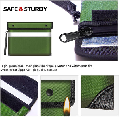 Upgraded Fireproof Document Bag 5200°F Heat Insulated,11"x7.7"Waterproof Fireproof Money Bag with Water-resistant Zipper,Fireproof Envelopes for Documents,Cash,Valuables(Green)