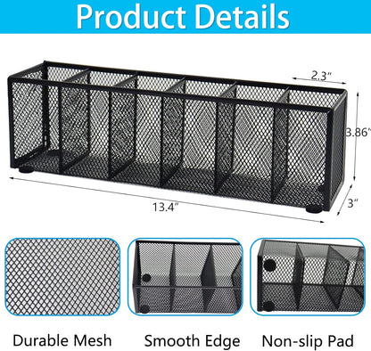 2PCS Black Mesh Pen Pencil Holder, Small Metal Desk Organizer Desktop Stationery Office Supplies Acessories Storage Stand, 6 Compartments Brushes Holder for Home School Classroom Teachers