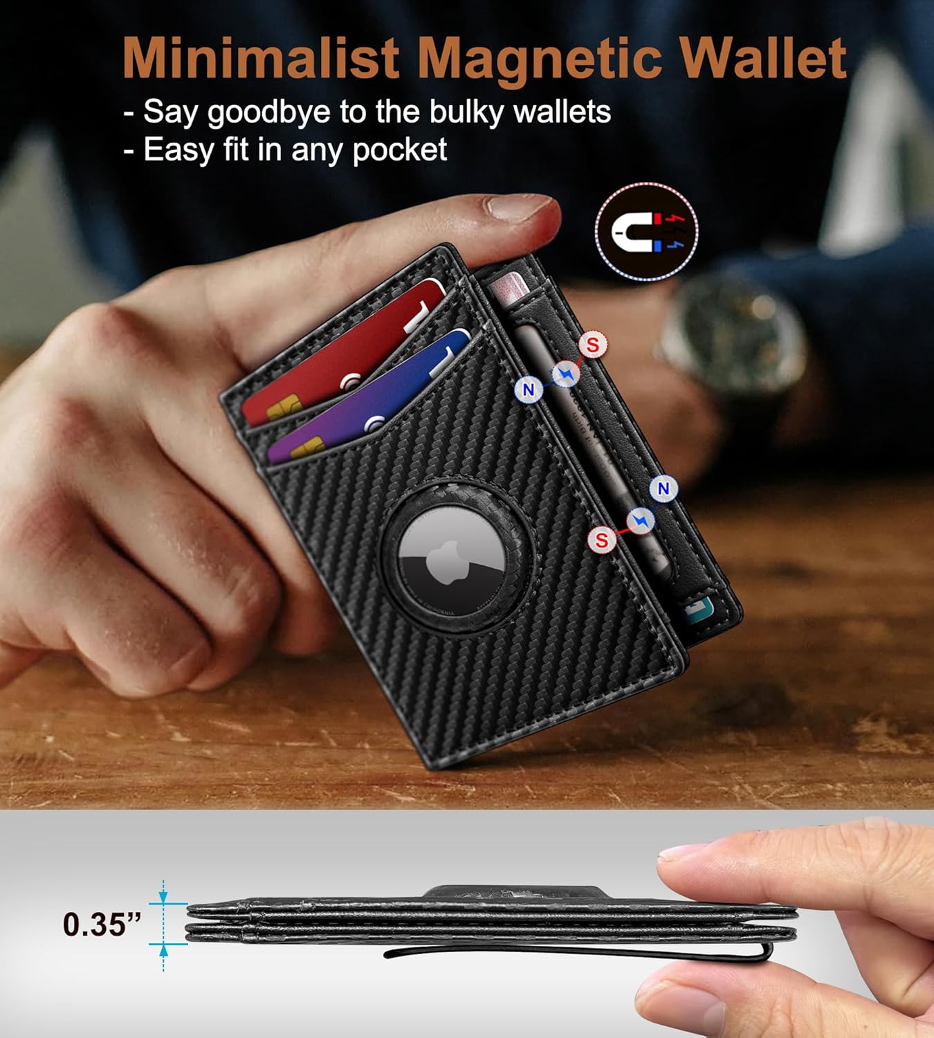 Airtag Wallet for Men- with Money Clip Gift Boxed, Magnetic Closure Slim Genuine Leather Front Pocket Wallet, 4.1"x 2.8", RFID Blocking