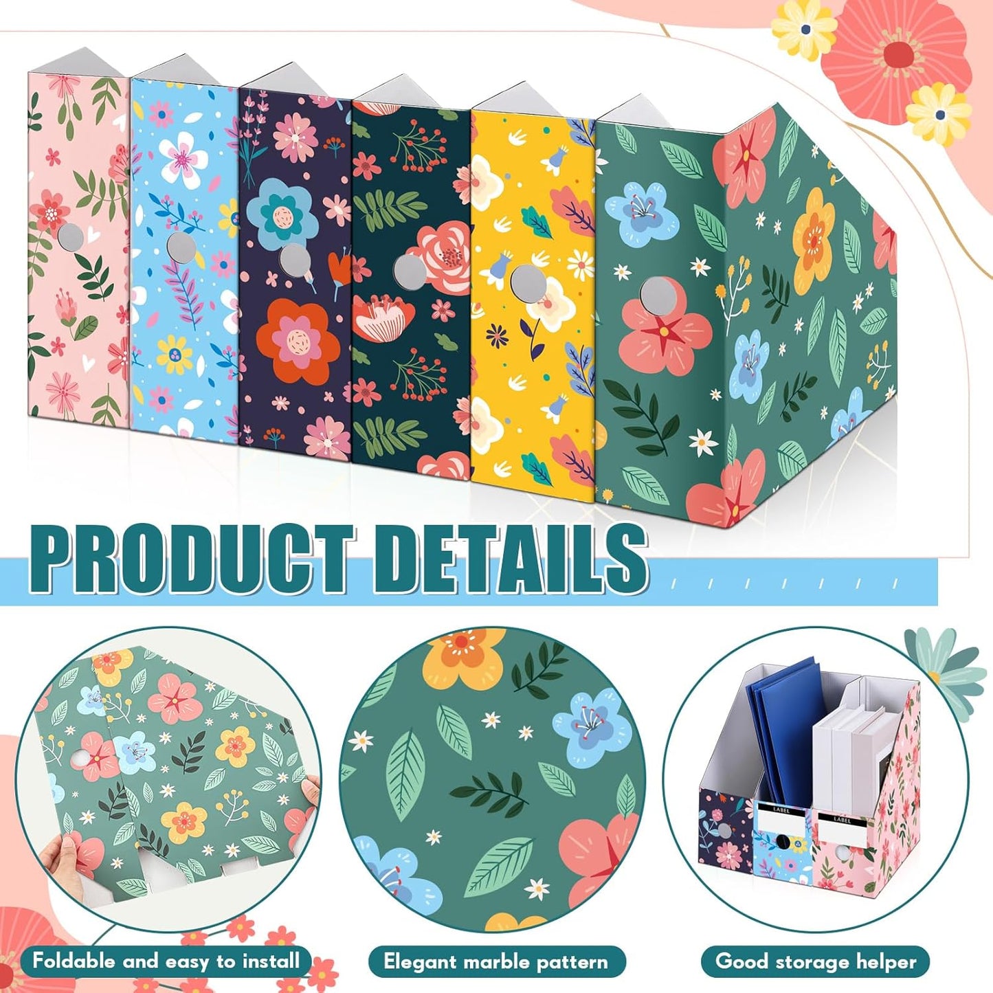 PerKoop 6 Pcs Magazine File Holder Foldable Decorative Cardboard File Folders 6 Patterns Floral Colored Magazine Rack with Printable Sticker Labels for School Office Home Desk (Flower Design)