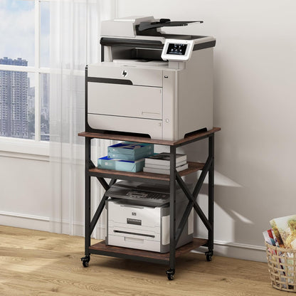 23.6 x 23.6 Inches Large Printer Stand, 3 Tier Square Printer Table with Height Adjustable Storage Shelf, Rolling Printer Cart with Industrial Wheels for Home Office - Rustic Brown