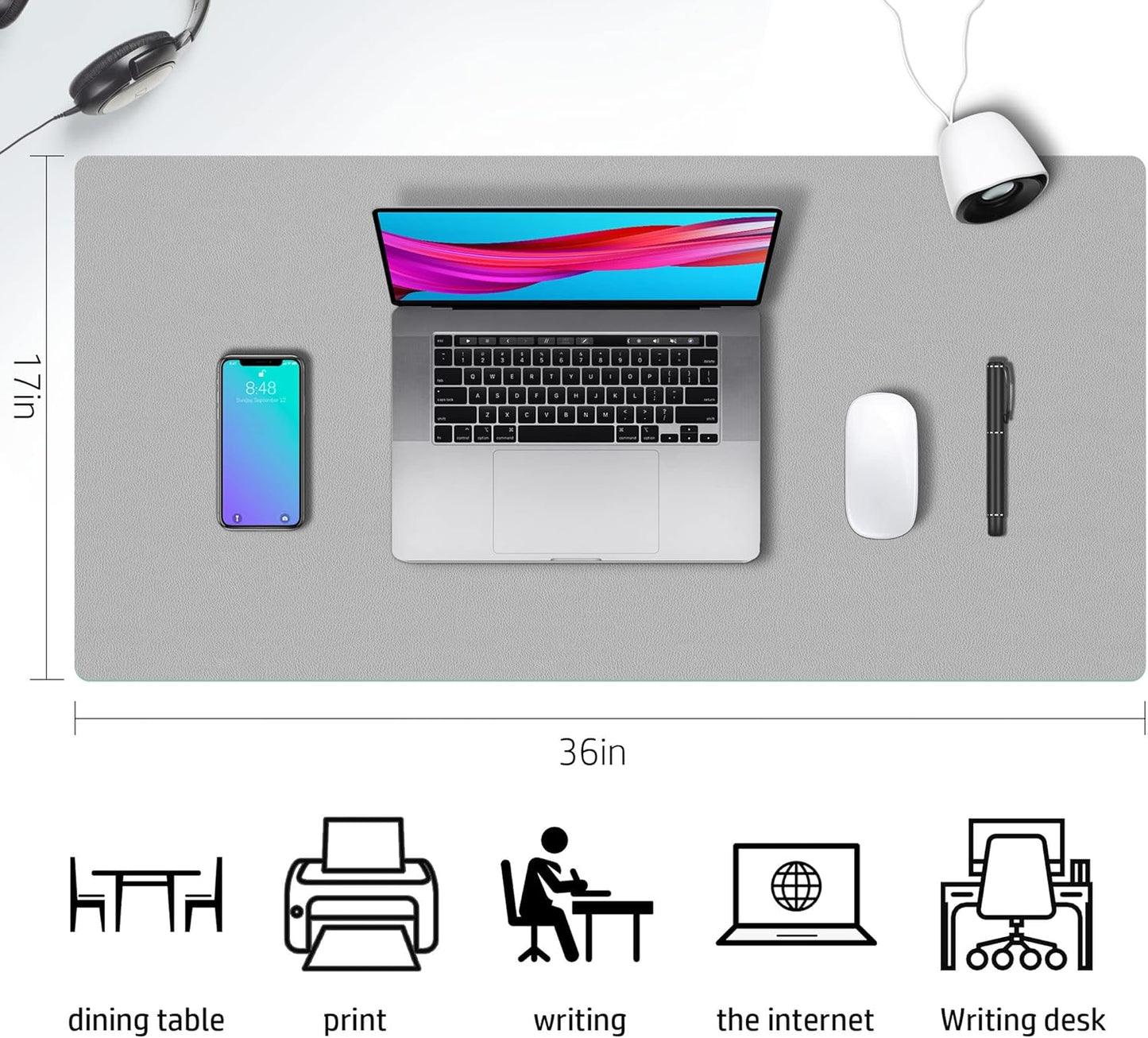 Desk Mat Large Protector Pad - Multifunctional Dual-Sided Office Desk Pad,Smooth Surface Soft Mouse Pad, Waterproof Desk Mat for Desktop, Pu Leather Desk Cover for Office/Home(Grey, 36" x 17")