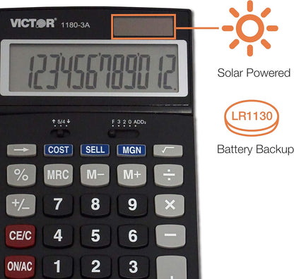 Victor 1180-3A 12-Digit Standard Function Calculator, Battery and Solar Hybrid Powered Adjustable Angle LCD Display, Great For Home and Office Desks, Black