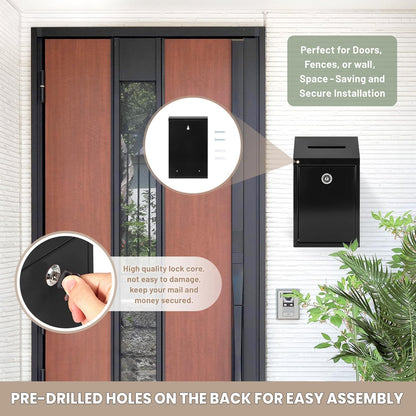 Metal Donation Money Cash Drop Box with Lock and Slot Suggestion Box Wall Mounted Ballot Container Mailbox Delivery for Home Office (Black, 10.24″ x 5.71″ x 2.95″)