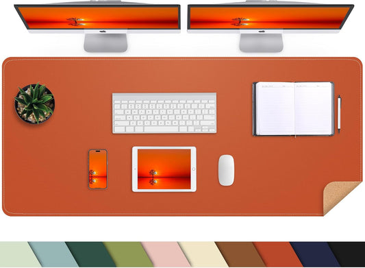 AFIING Leather Desk pad Protector, Large Desk mat with Natural Cork & PU Leather,Mouse pad,Non-Slip Office Desk Mat,Waterproof Desk Writing Pad for Office and Home (47in*23in, Orange)
