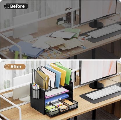 Marbrasse Desk organizer with Drawer, 4-Tier Wooden File Organizer with 5 Vertical File Holders and 2 Pen Holders, Desk Organizers and Accessories for Home Office - Black