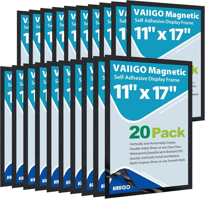 11"x 17" Self Adhesive Sign Holder, Double Sided Window Display Frame with Clear PVC and Strong Magnetic for Office/Home/Store/Door/Glass/Wall (Black, 20Pack)