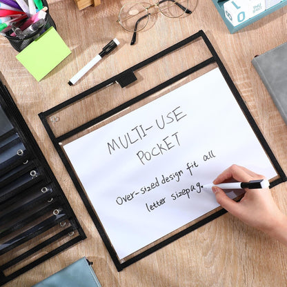 Teling 150 Pcs Dry Erase Pockets Bulk Reusable Job Ticket Holders Clear Plastic Sleeve Protector Work Order Sleeve Shop Ticket Holder for Welcome Teacher Back Office Supplies(11.5 x 12.5'',Black)