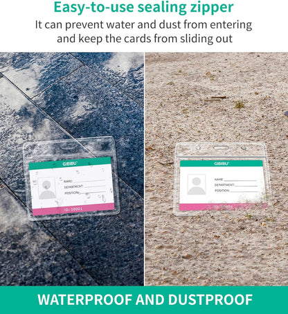 50 Pcs Horizontal ID Badge Holder, Clear Plastic Card Sleeve, Nurses Work Name Tag Holders, Key Cover Protector with Waterproof Zip for Lanyard, Fits Credit Size Cards