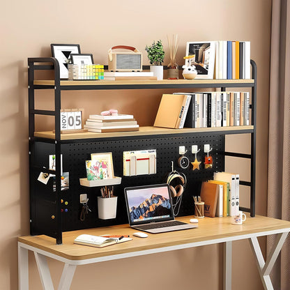 Desk Hutch Shelf Dorm 2 Tier Countertop Desktop Bookshelf With Pegboard,metal /MDF Desk Top Bookcase for Computer desk, Desk Storage Organizer Rack for Office Home Dormitory (black, 110cm/43.3in)