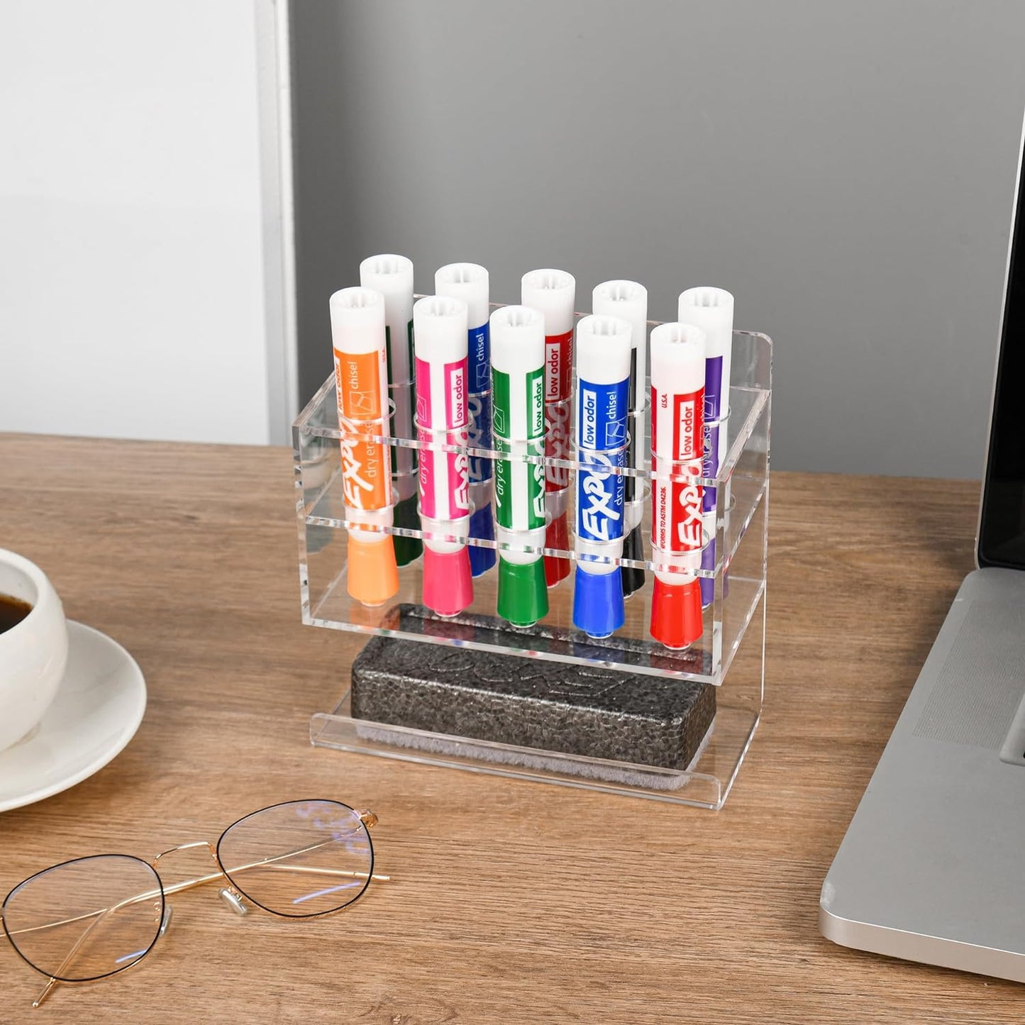 Dry Erase Marker Holder, Wall Mounted Acrylic Marker Holder with 10 Slots, Sticky Pen Storage for Classroom Organization, Whiteboard, Office, Clear