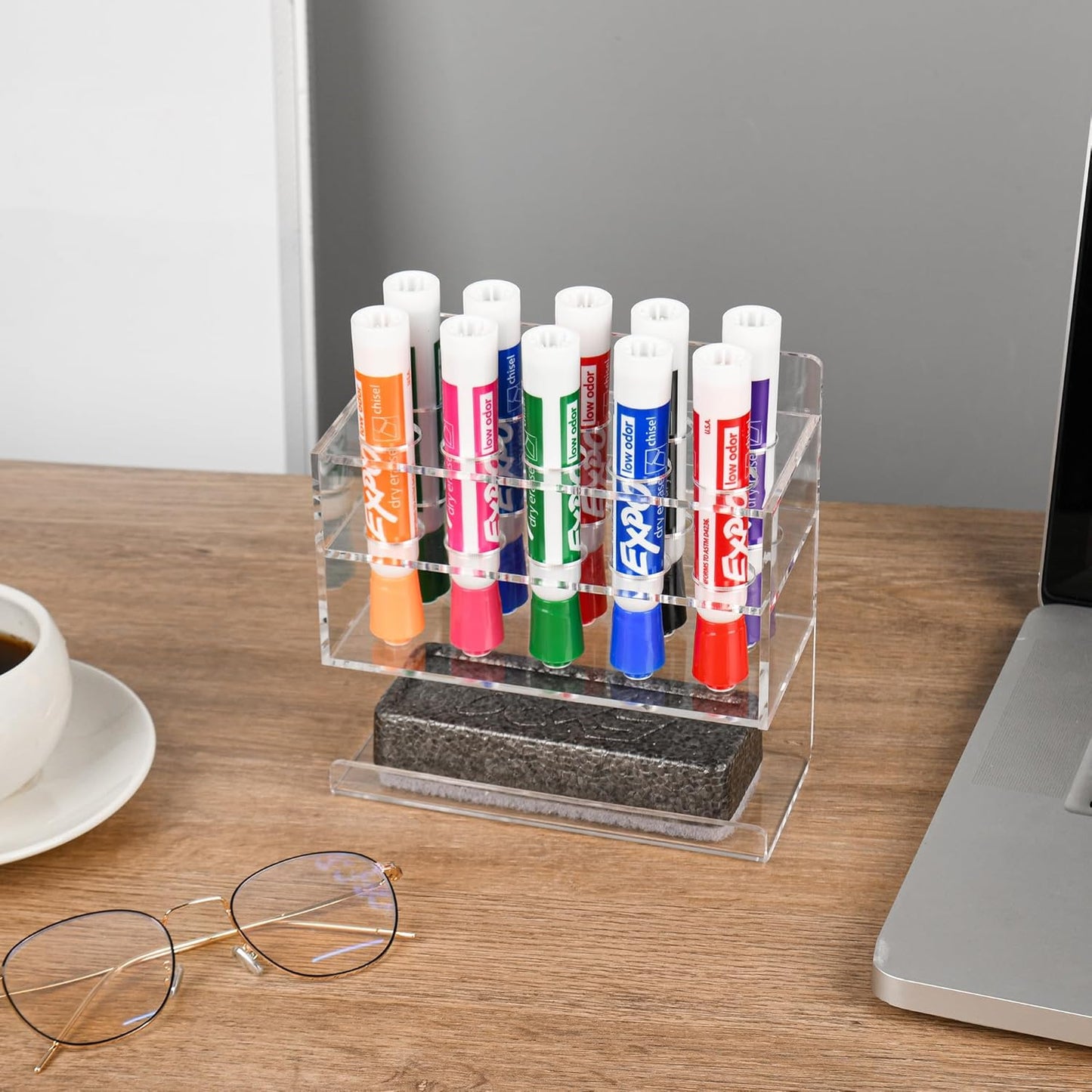 Dry Erase Marker Holder, 2 PCS Wall Mounted Acrylic Marker Holder with 10 Slots, Sticky Pen Storage for Classroom Organization, Whiteboard, Office, Clear