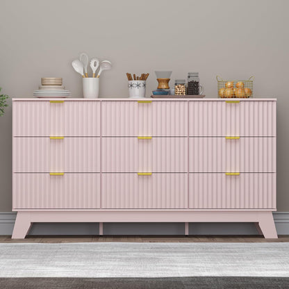 Fluted 9 Drawer Dresser, 57.1" Wide Modern Boho Chest of Drawers, Wooden Storage Dresser TV Stand for Bedroom, Living Room, Closet, Hallway, Curved Profile Design