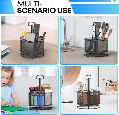 360-Degree Rotating Pen Holder for Desk, Mesh Pencil Organizer Multi-Functional Pen Holder, 4 Compartments Desktop Stationary Organizer, Home Office Black