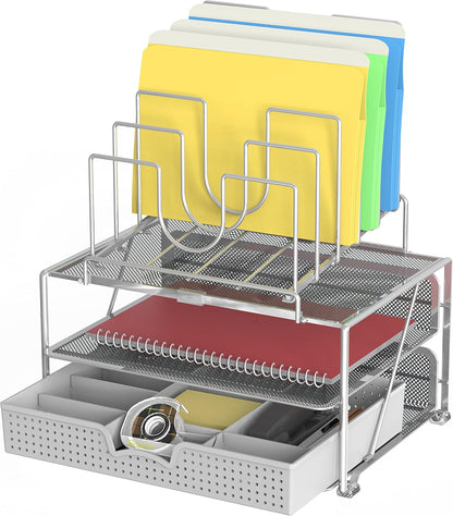 DecoBrothers Desktop File Organizer with Double Tray and 5 Folder Stand, Silver
