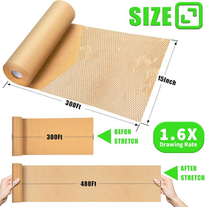 Honeycomb Packing Paper, MINHAO 15"x300' Eco Friendly Packing Paper for Moving Recyclable Honeycomb Paper Moving Supplies Bubble Paper Wrapping Protective Roll, With 36 Fragile Sticker Labels
