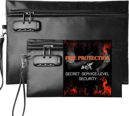 Fireproof Document Bag Set with Lock, 2 Pcs Money Box for Cash & Passport, 6200°F Fire Proof Bag for Documents 14"x9.8" & 10.6" x 6.7", Fireproof Document Safe, Waterproof Money Bags Pouch with Zipper