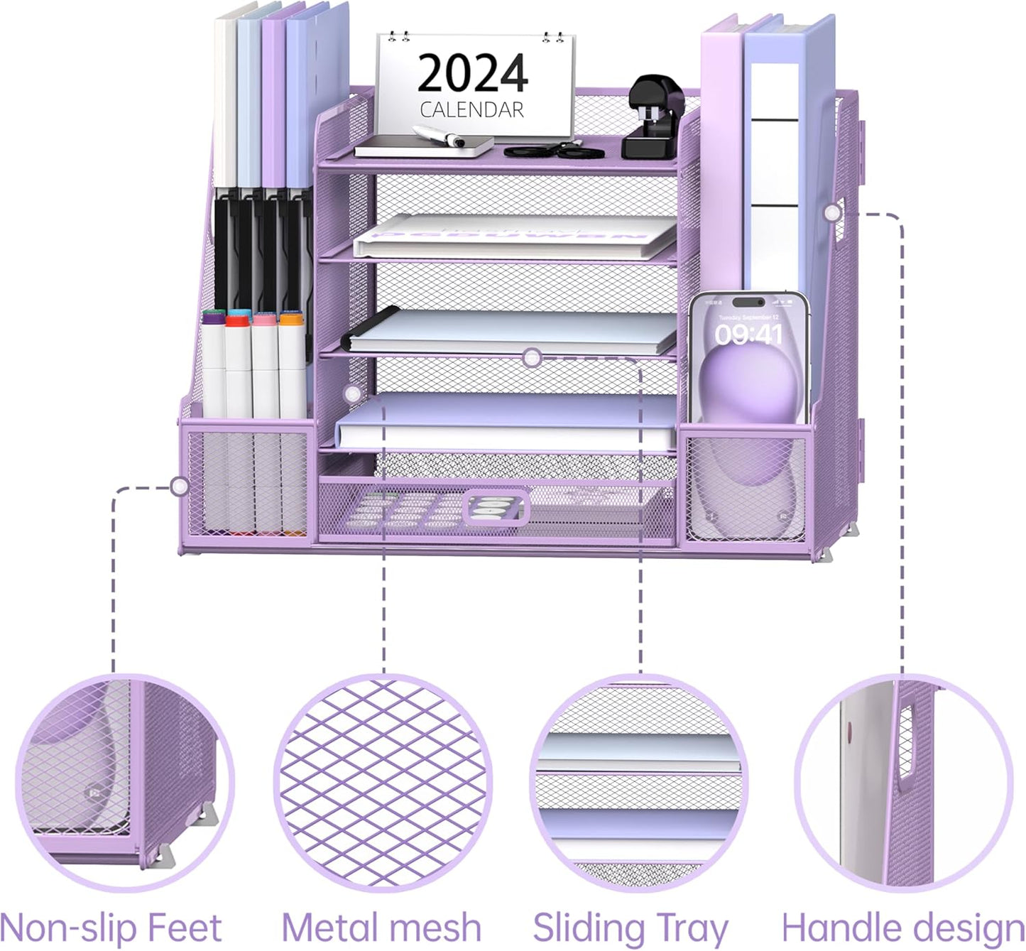 SUPEASY Mesh Desk Organizer with File Holder, 5-Tier Paper Letter Tray Organizer with Magazine Holder, Desktop Organizer and Storage with Drawer for Office Supplies Home or School, Purple