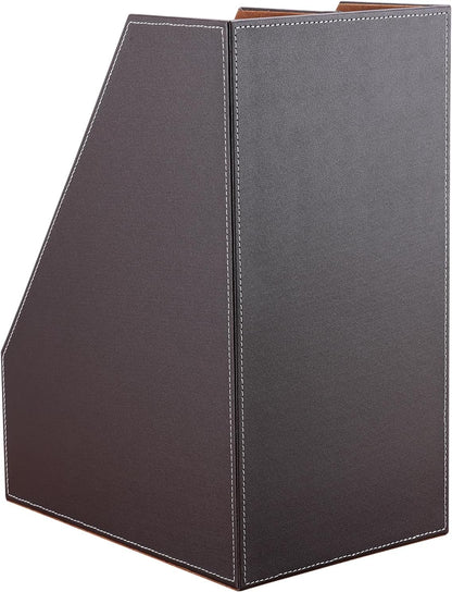 KINGFOM Wooden Leatherette Desktop File Folder Organizer and Document File Stand Journals Magazine Rack 2 Slots (brown)