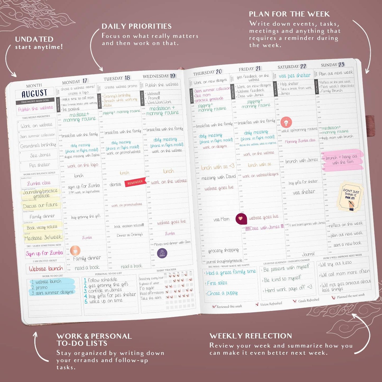 Legend Planner PRO Hourly Schedule - Weekly & Daily Organizer with Time Slots. Appointment Book Journal for Work & Personal, A4 (Rose Gold)