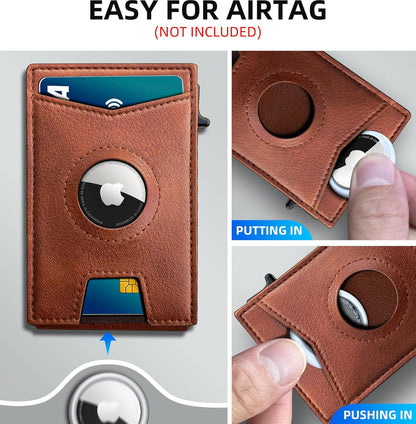 Airtag Wallet for Men,with Money Clip Gift Boxed,Slim Front Pocket Wallet RFID Blocking Metal Case Smart Pop-up Credit Card Holder in Magnetic Leather Flip