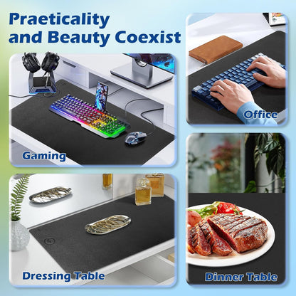 Wireless Charging Desk Mat with Desk Pad for Desktop Charging Large Mouse Pad Waterproof Leather Computer Mat Mouse Pad Non-Slip Protector on Top of Desks for Keyboard and Mouse (black-l, 32*16inch)