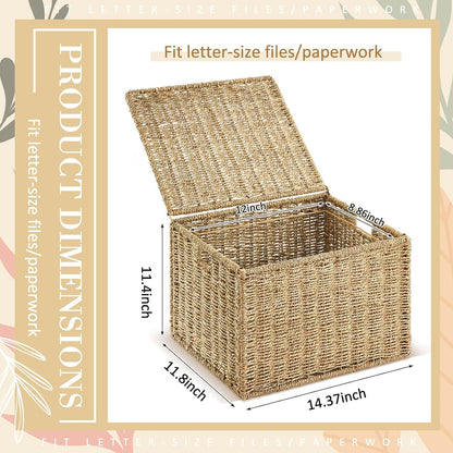 Seagrass File Box Organizers Collapsible Letter/legal Size Filing Cabinet with Lid Portable Decorative Document File Storage Box for Office/decor/home, Natural